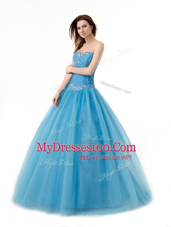 Tulle Sweetheart Sleeveless Lace Up Beading and Ruching Sweet 16 Dresses in Baby Blue