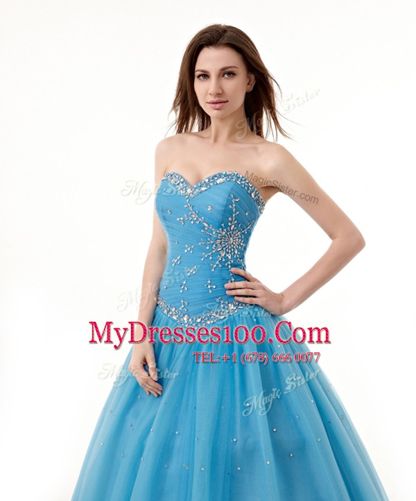 Tulle Sweetheart Sleeveless Lace Up Beading and Ruching Sweet 16 Dresses in Baby Blue