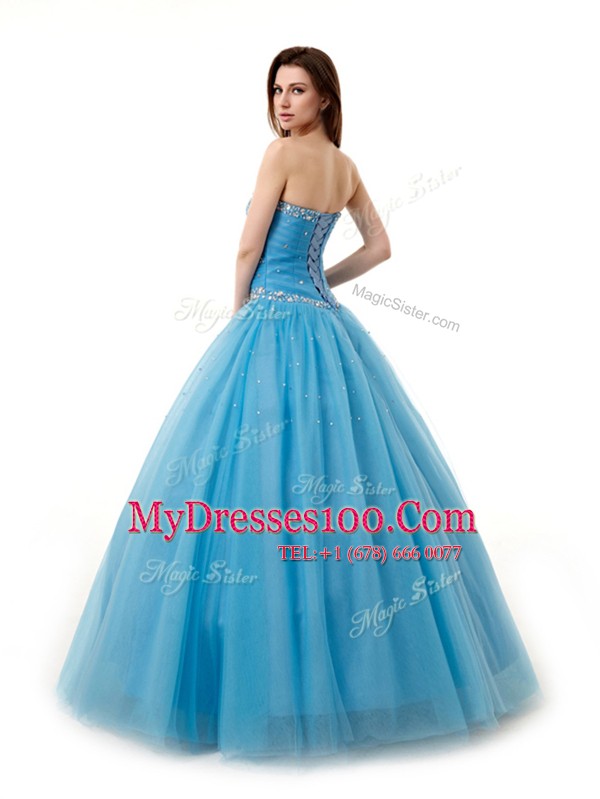 Tulle Sweetheart Sleeveless Lace Up Beading and Ruching Sweet 16 Dresses in Baby Blue