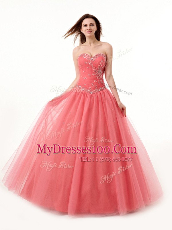 Luxury Floor Length A-line Sleeveless Watermelon Red Quinceanera Dress Lace Up