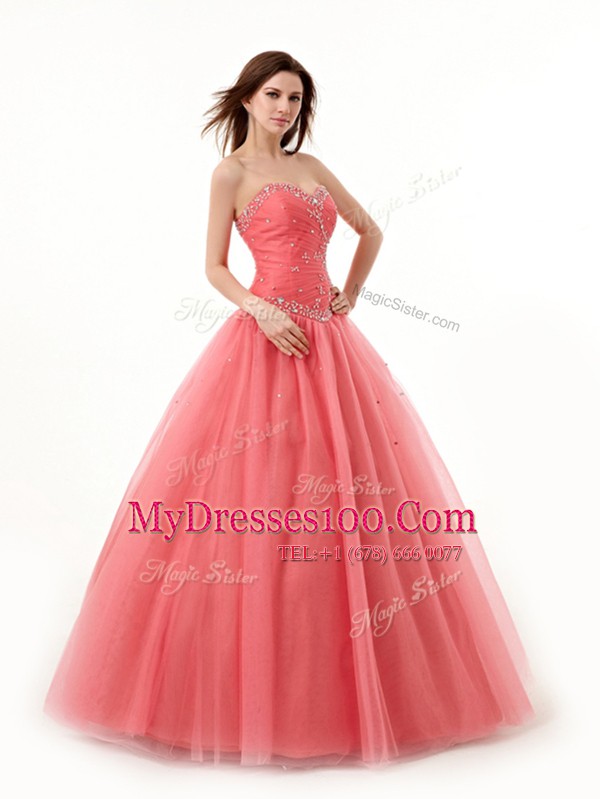 Luxury Floor Length A-line Sleeveless Watermelon Red Quinceanera Dress Lace Up