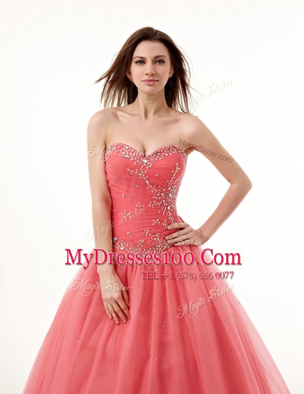 Luxury Floor Length A-line Sleeveless Watermelon Red Quinceanera Dress Lace Up
