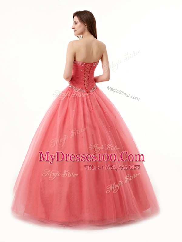 Luxury Floor Length A-line Sleeveless Watermelon Red Quinceanera Dress Lace Up