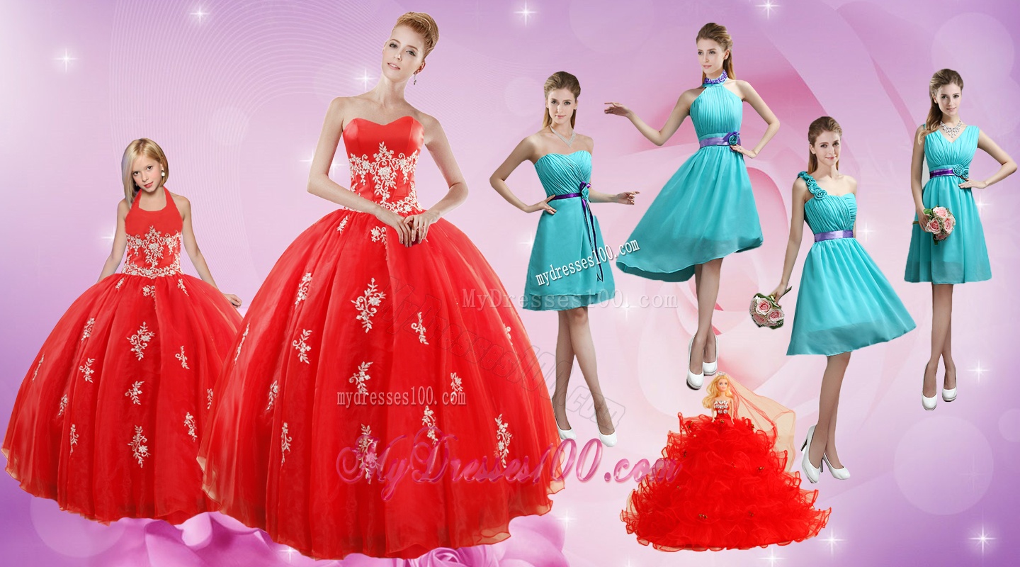 2016 Elegant Appliques Red Quinceanera Dress and Turquoise Short Dama Dresses and Halter Top Ball Gown Little Girl Dress