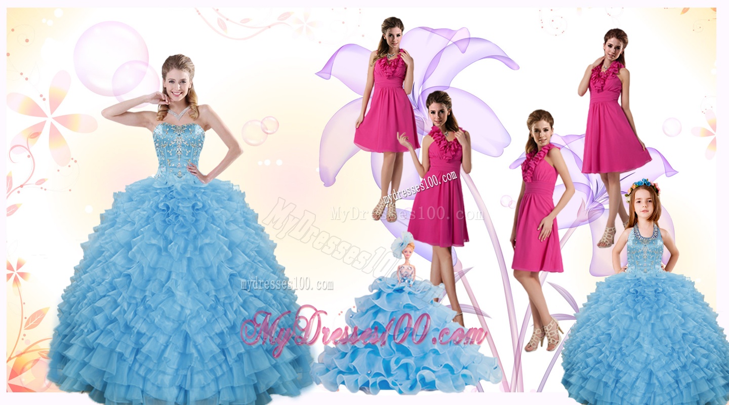 2016 Gorgeous Ruffles and Beading Quinceanera Dress and Hot Pink Short Dama Dresses and Cute Halter Top Little Girl Dress