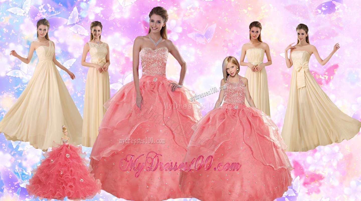 2016 Perfect Beading Sweetheart Quinceanera Dress and Ruching Long Evening Dresses and Watermelon Halter Top Little Girl Dress