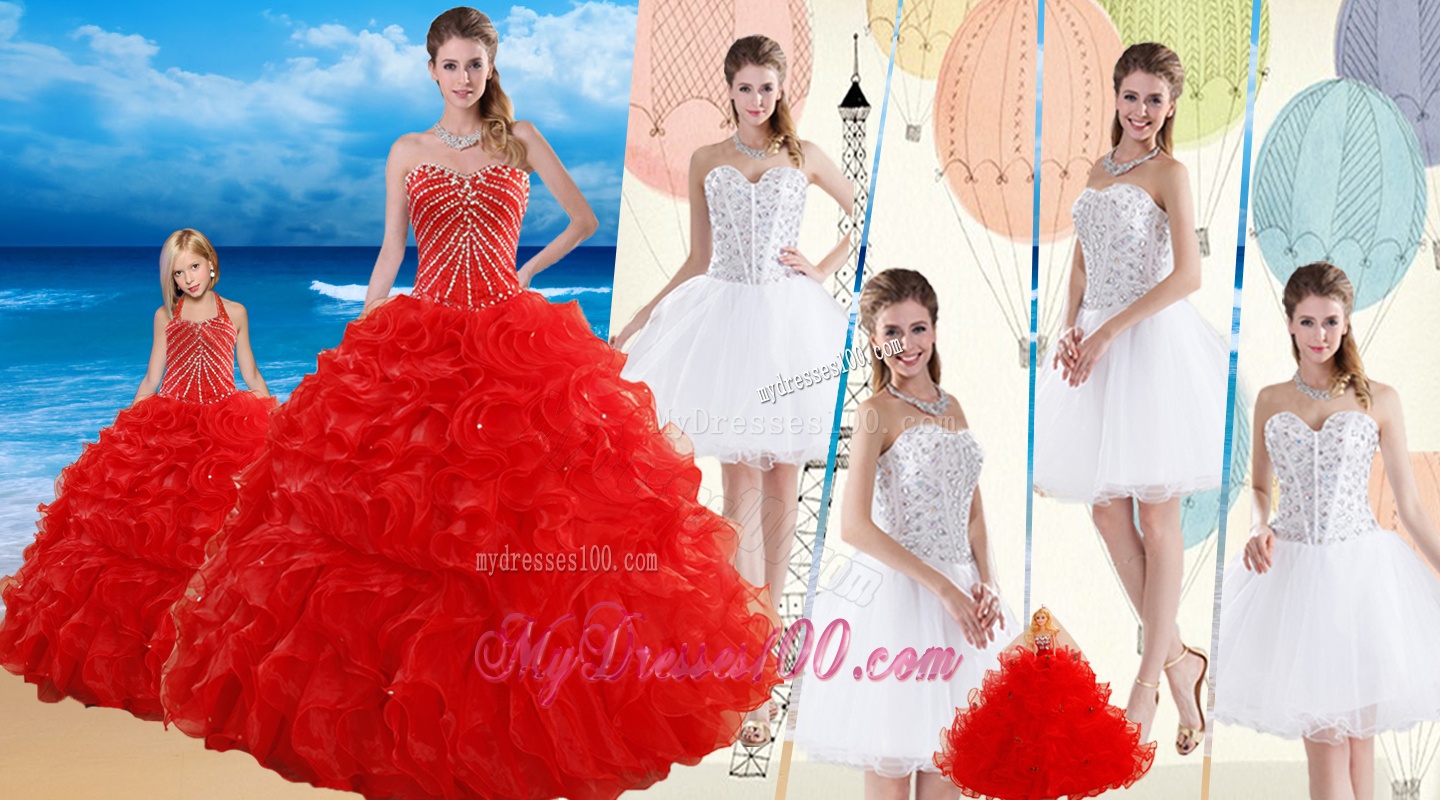2016 Red Ruffled Quinceanera Dress and Beaded White Short Dama Dresses and Halter Top Beaded Pageant Dresses for Litter Girl