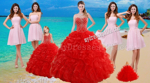 2016 Ruffled Red Quinceanera Dress and Baby Pink Strapless Evening Dresses and Halter Top Beaded Little Girl Dress