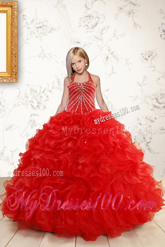 2016 Ruffled Red Quinceanera Gown and Light Blue Sweetheart Beading Evening Dresses and Halter Top Beaded Flower Girl Dress