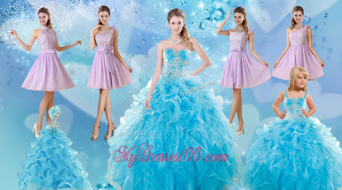 Baby Blue Ball Gown Ruffles Quinceanera Dress and Lilac Short Dama Dresses and Applique and Ruffles Little Girl Dress