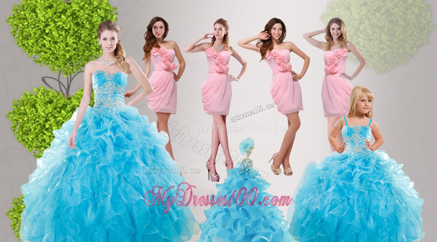 Baby Blue Ruffles Quinceanera Dress and Hand Made Flowers Baby Pink Dama Dresses and Straps Appliques Little Girl Dress