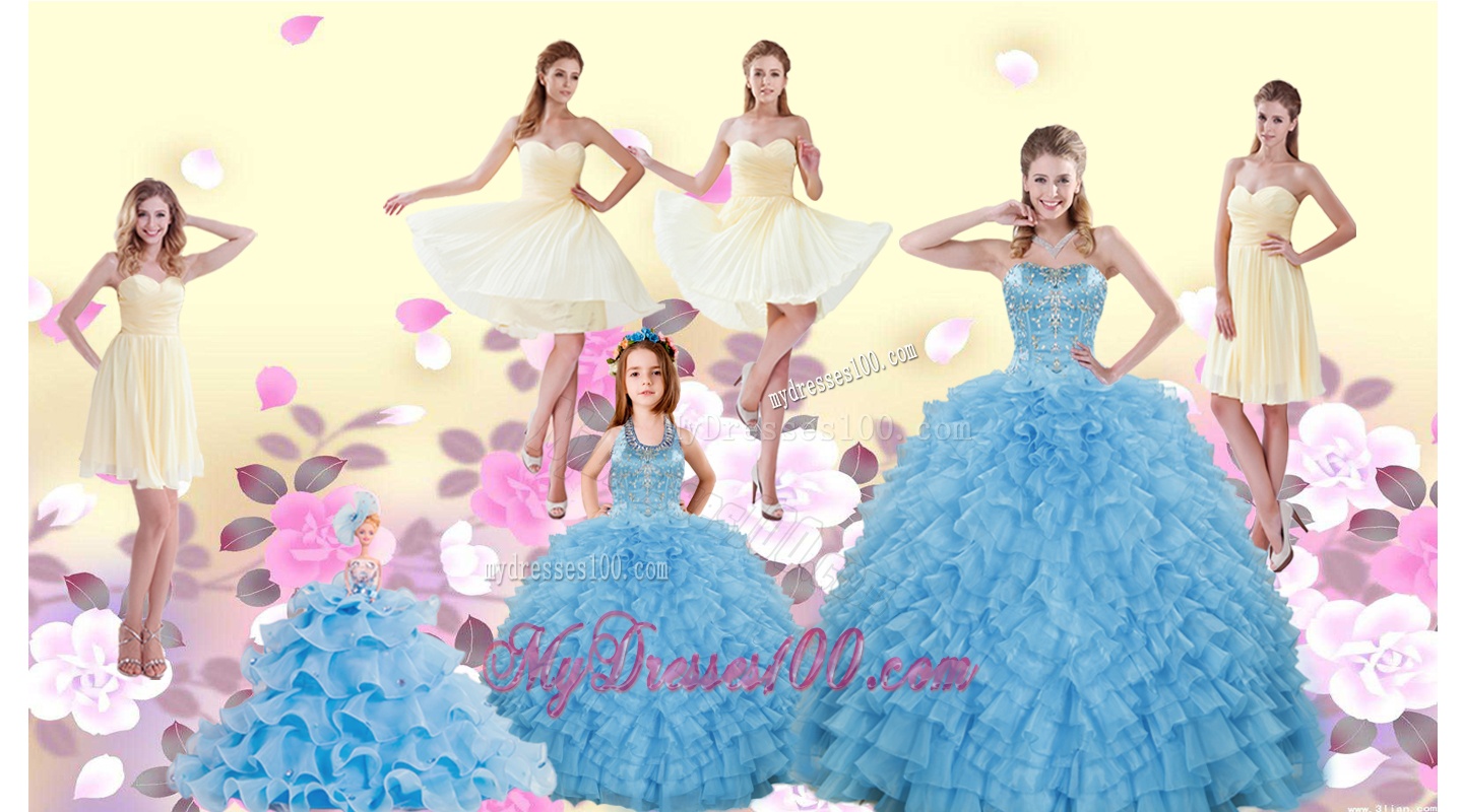 Beading Floor Length Quinceanera Dress and Champagne Short Evening Dresses and Ruffles Halter Top Pageant Dresses for Little Girl