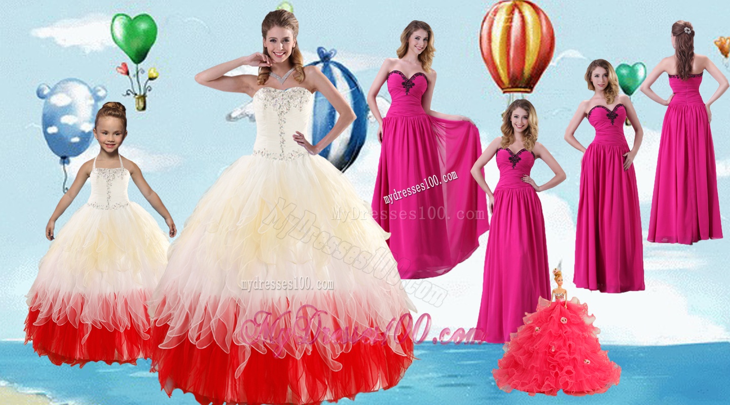 Beading Multi Color Quinceanera Gown and Hot Pink Sweetheart Long Evening Dresses and Halter Top Multi Color Little Girl Dress