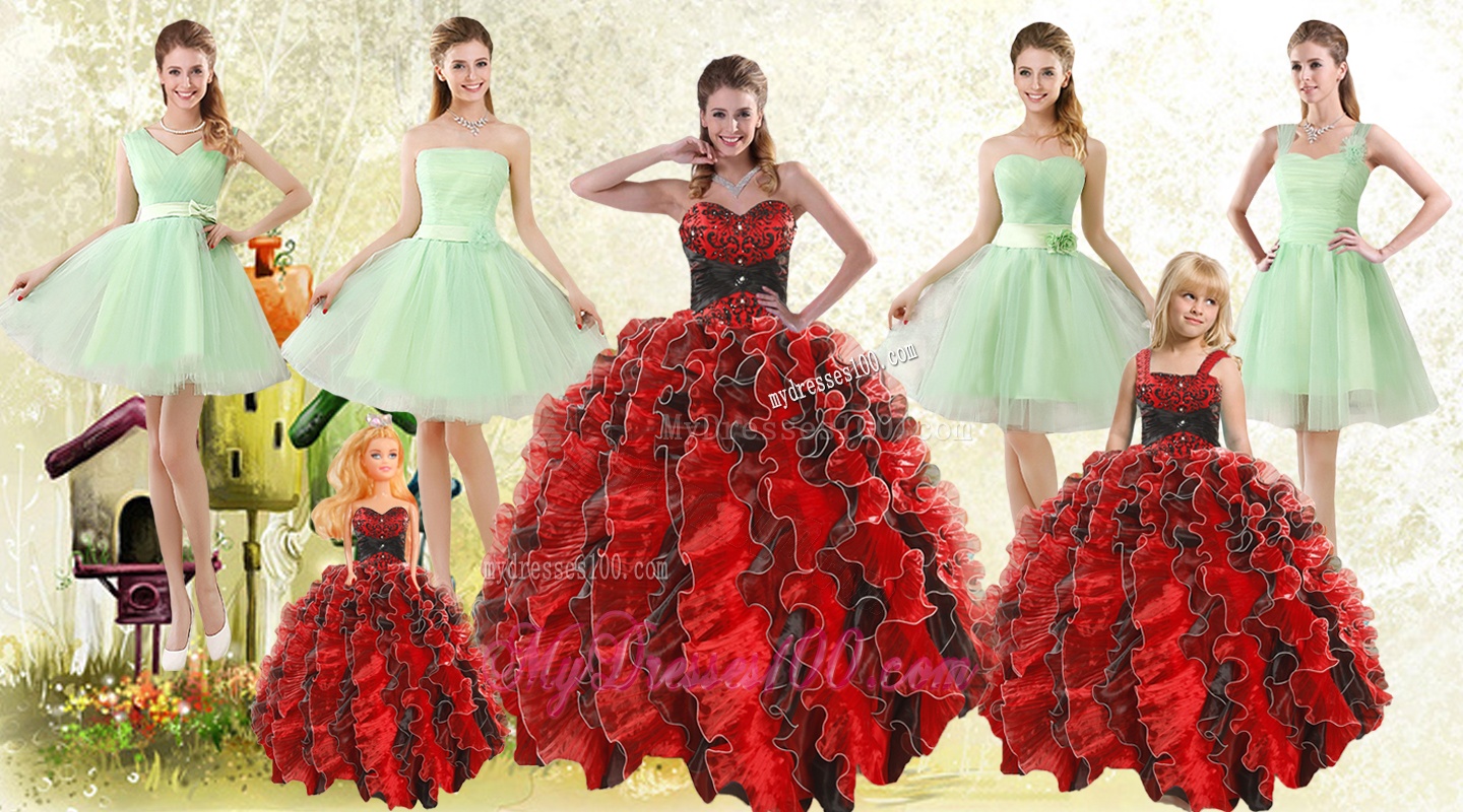 Beading Multi Color Sweetheart Quinceanera Gown and Apple Green Short Evening Dresses and Straps Ruffles Little Girl Dress