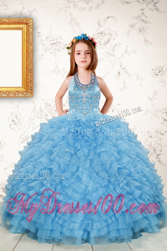 Beading Pretty Aqua Blue Quinceanera Gown and Lilac Short Dama Dresses and Halter Top Ruffles Pageant Dresses for Little Girl