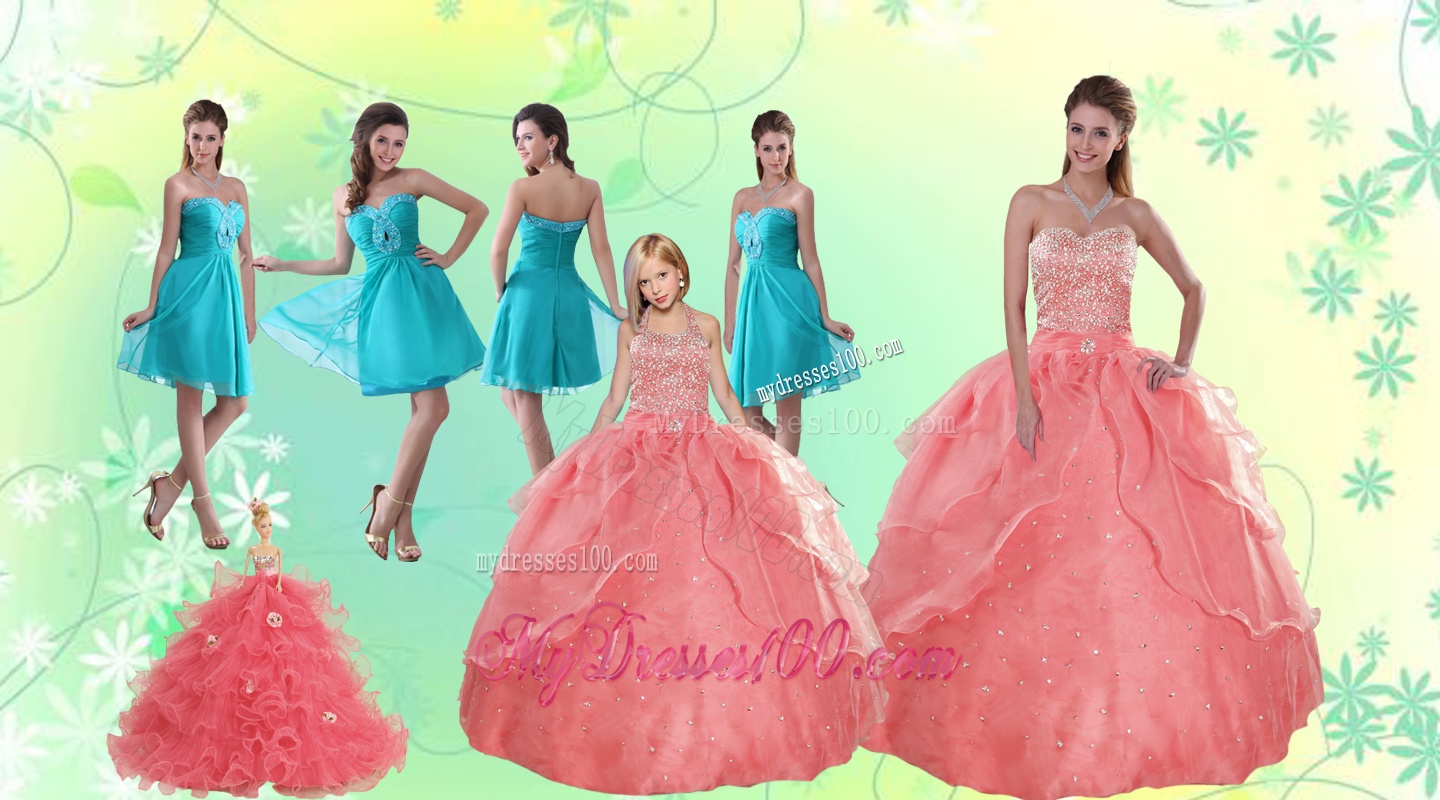 Beading Watermelon Quinceanera Gown and Baby Blue Short Dama Dresses and Halter Top Watermelon Little Girl Dress