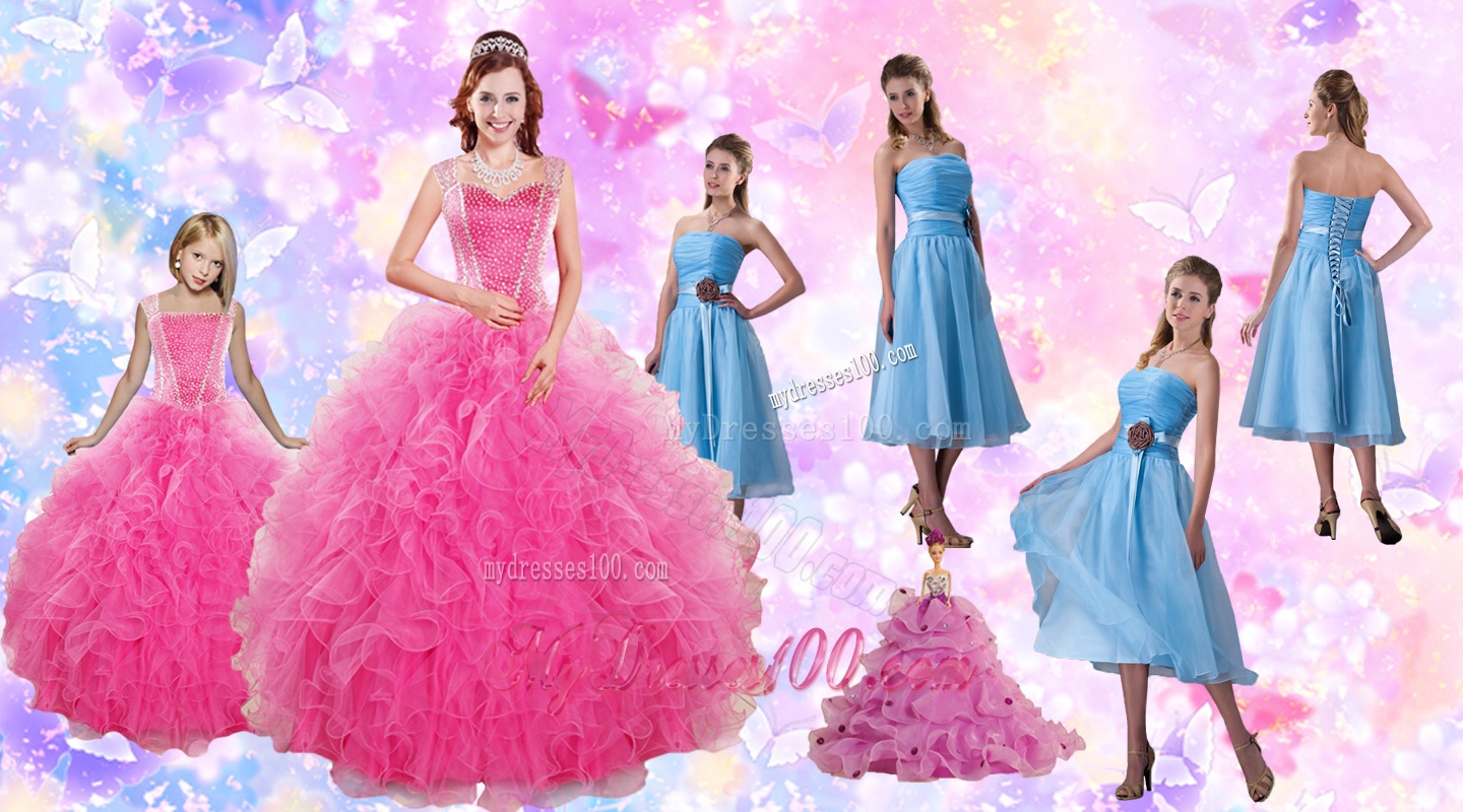 Beading and Ruffles Quinceanera Dress and Strapless Knee Length Baby Blue Dama Dresses and Rufles Cute Flower Girl Dress