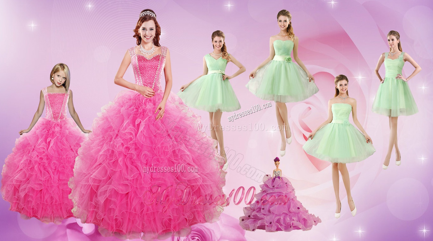 Beautiful Ruffles and Beading Quinceanera Dress and Apple Green Short Dama Dresses and Beading Little Girl Dress