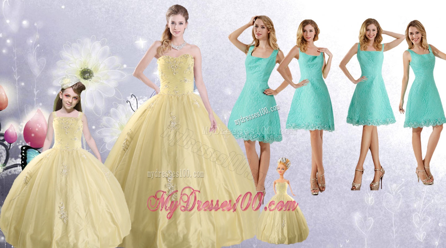 Champagne Ball Gown Quinceanera Dress and Square Knee Length Dama Dresses and Cute Beading Little Girl Dress