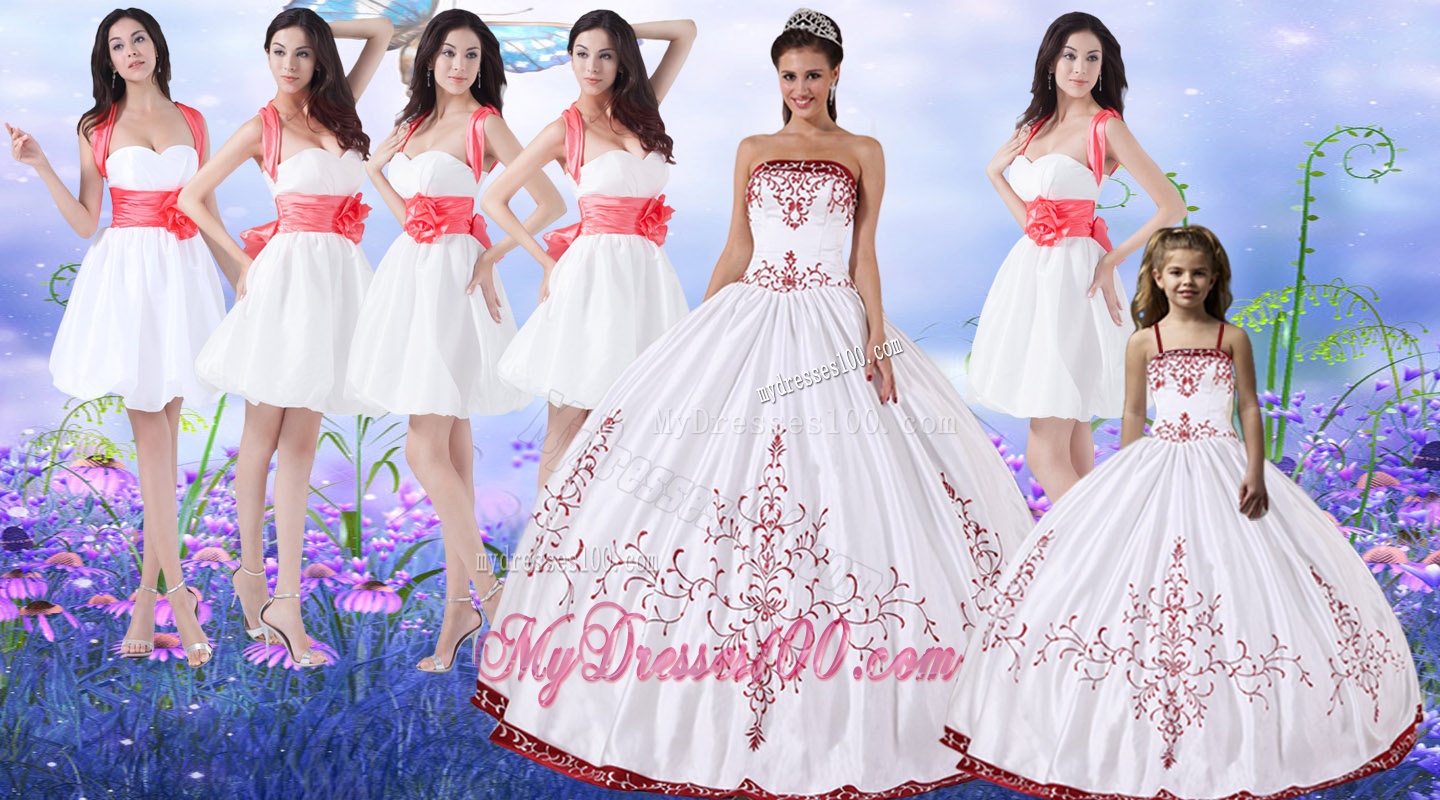 Classical Puffy Skirt Strapless Quinceanera Dress and Popular Embroidered Mini Quinceanera Dress and Best Red and White Short Dama Dresses
