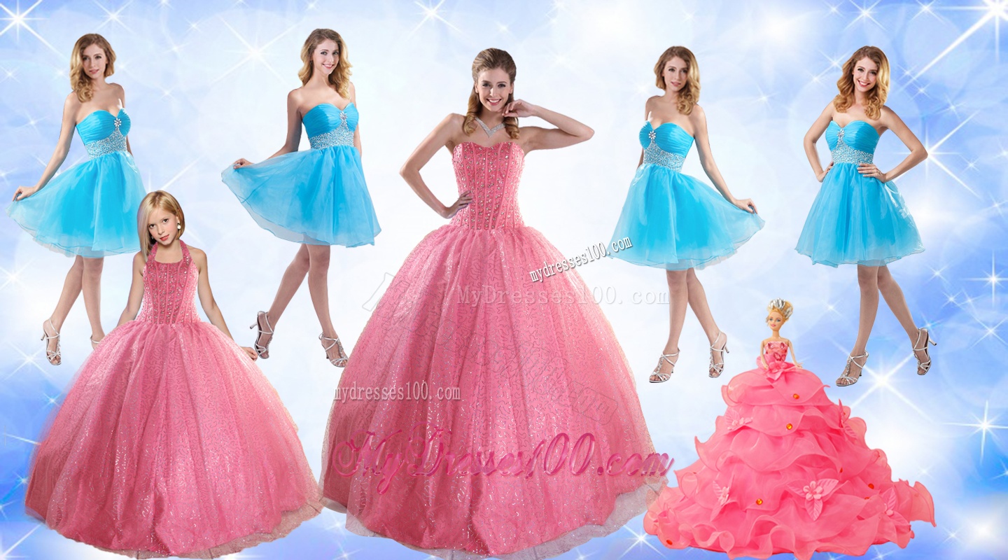 Cute Ball Gone Quinceanera Dress and Beading Baby Blue Dama Dresses and Rose Pink Halter Top Little Girl Dress