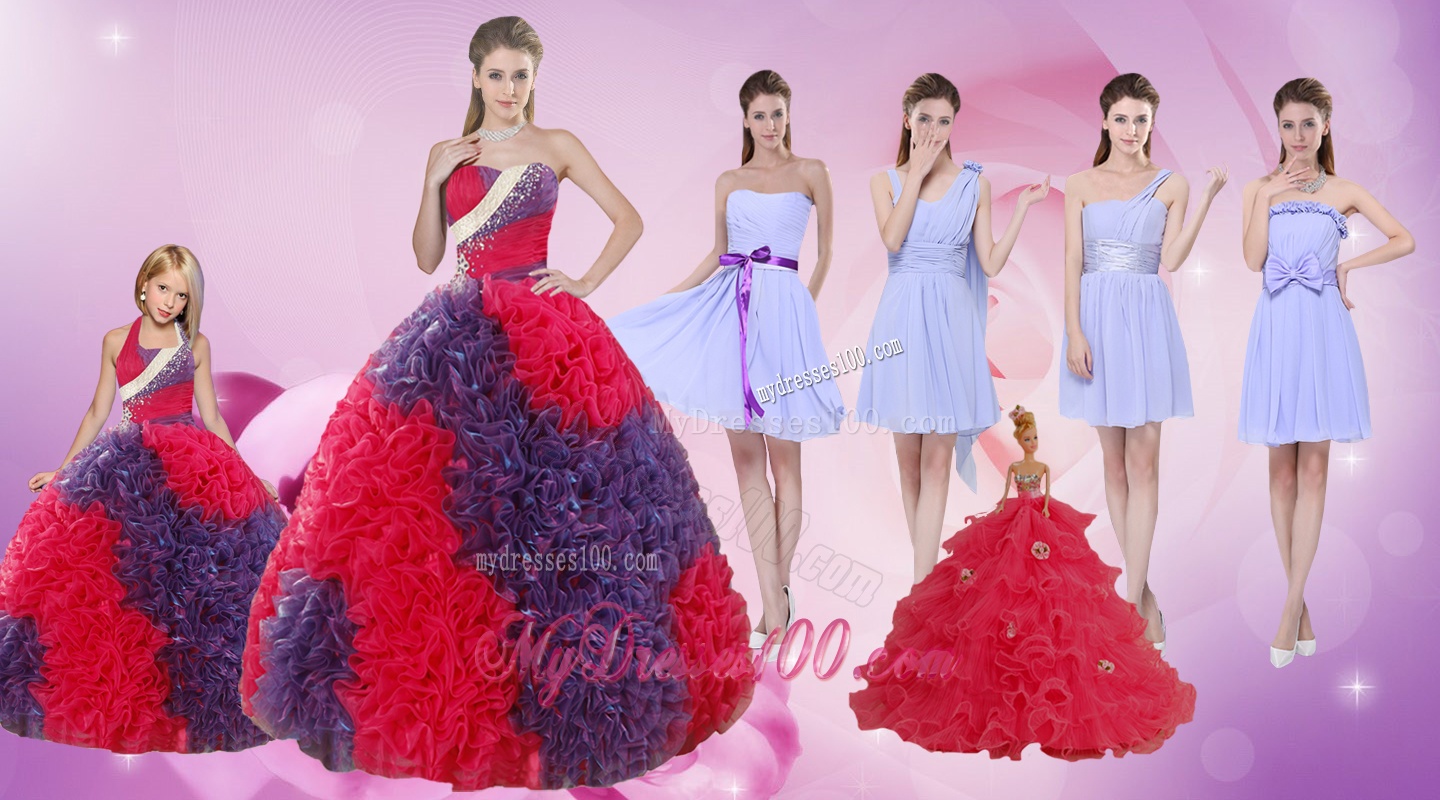 Elegant Multi Color Floor Length Quinceanera Dress and Ruching Short Dama Dresses and Multi Color Halter Top Little Girl Dress