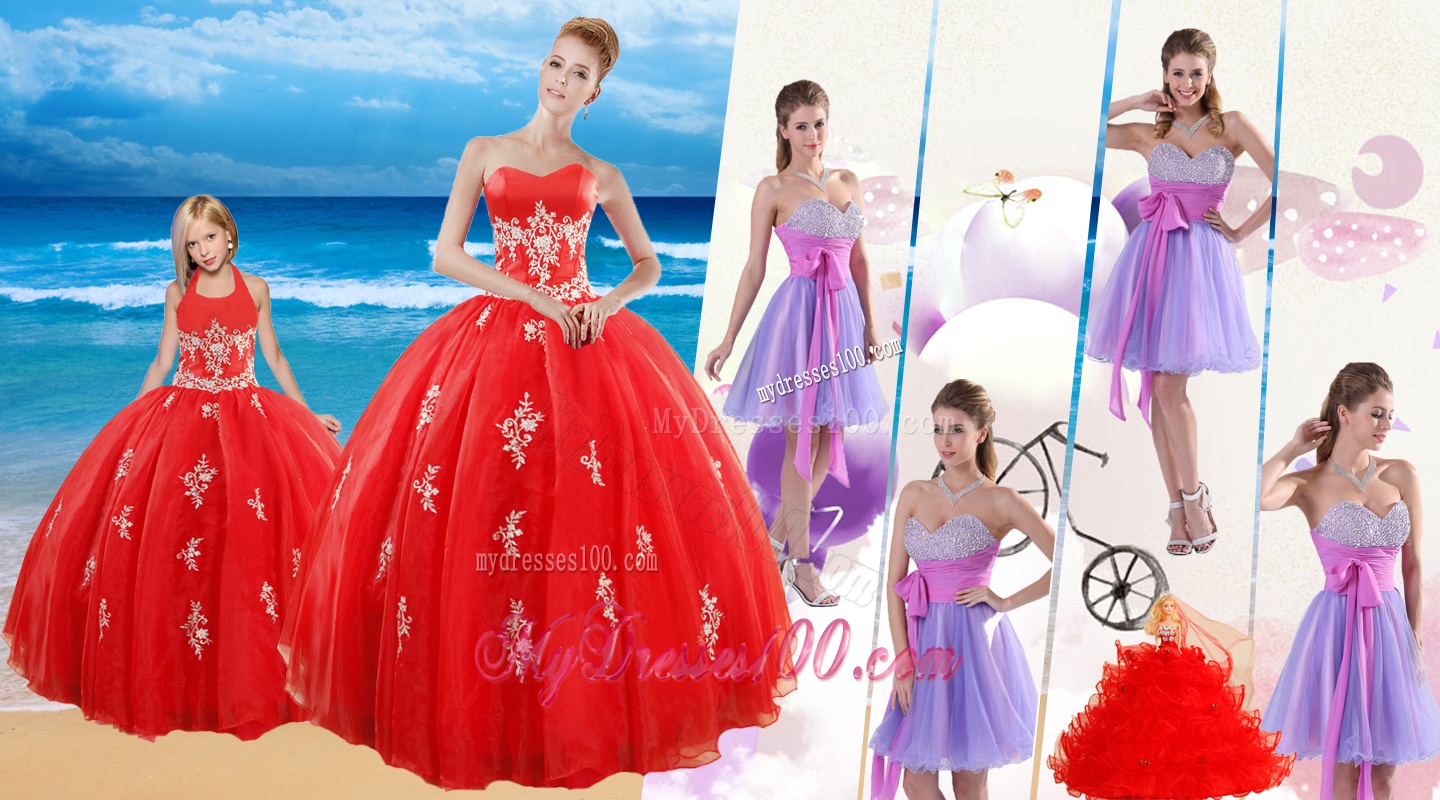 Elegant Red Sweetheart Quinceanera Dress and Sash and Beading Short Dama Dresses and Halter Top Red Little Girl Dress