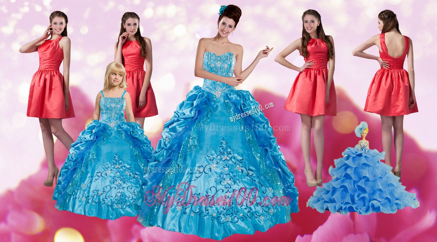 Embroidery and Pick Ups Quinceanera Dress and Ruching Short Dama Dresses and Spaghetti Straps Teal Little Girl Dress