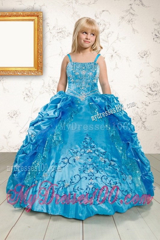 Embroidery and Pick Ups Quinceanera Dress and Ruching Short Dama Dresses and Spaghetti Straps Teal Little Girl Dress