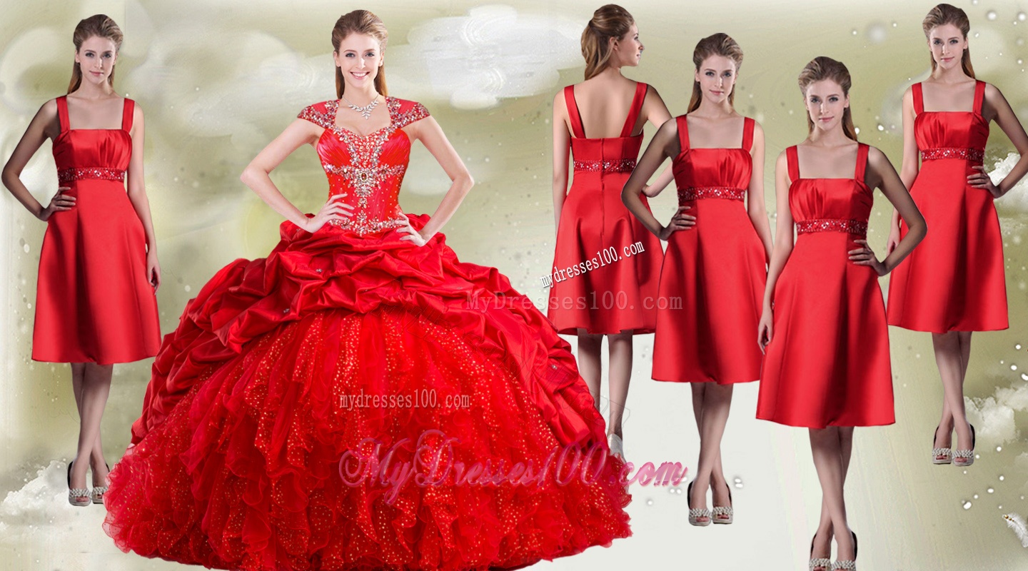 Fashionable Beaded and Pick Ups Quinceanera Dress and New Style Square Dama Dresses in Red
