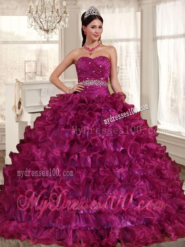 Gorgeous Ruffled and Beaded Fuchsia Quinceanera Dress and Laced Lavender Short Dama Dresses