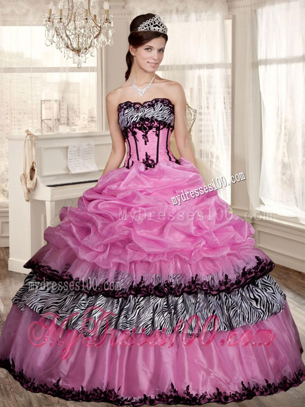 Luxurious Applique Zebra Rose Pink Quinceanera Dress and Strapless White Dama Dresses and Pick Ups Mini Quinceanera Dress and Applique Mother of The Bride Dress