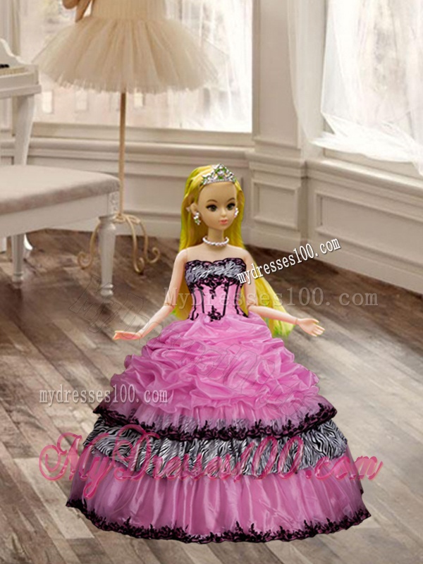 Luxurious Applique Zebra Rose Pink Quinceanera Dress and Strapless White Dama Dresses and Pick Ups Mini Quinceanera Dress and Applique Mother of The Bride Dress