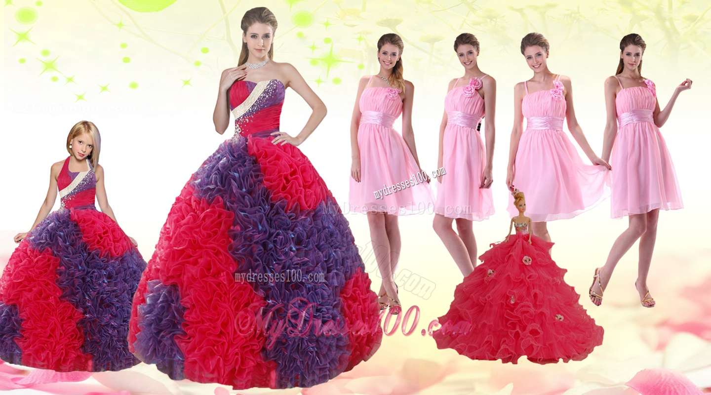 Multi Color Ball Gown Ruffles Quinceanera Dress and Ruching Baby Pink Dama Dresses and Halter Top Multi Color Little Girl Dress