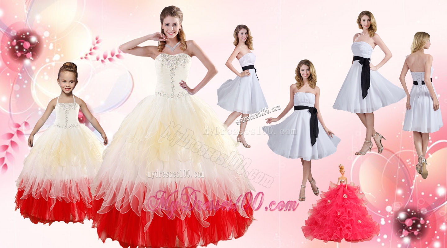 Multi Color Strapless Beading Quinceanera Dress and White Strapless Ruching Evening Dresses and Halter Top Beading Little Girl Dress