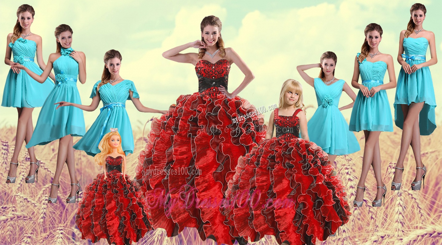 Multi Color Sweetheart Ruffles Quinceanera Dress and Baby Blue Short Dama Dresses and Multi Color Straps Beading Little Girl Dress