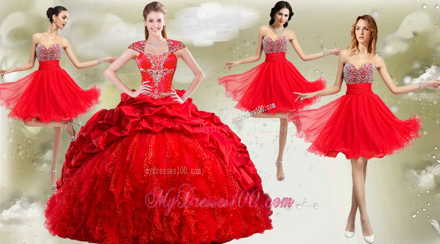 New Arrivals Red Big Puffy Quinceanera Dress and Wonderful Rhinestoned and Ruched Dama Dresses