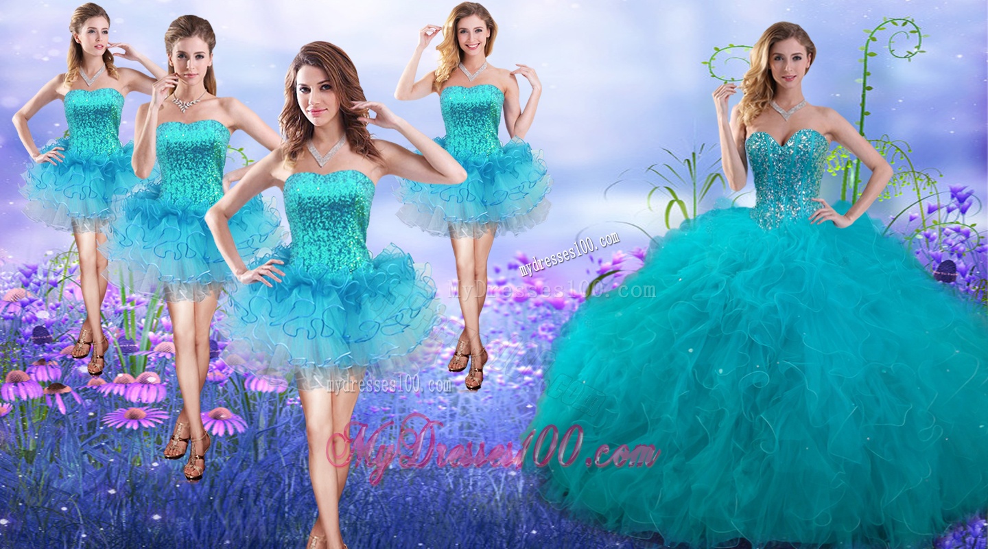 New Arrivals Teal Really Puffy Quinceanera Dress and Gorgeous Sequined and Ruffled Layers Dama Dresses