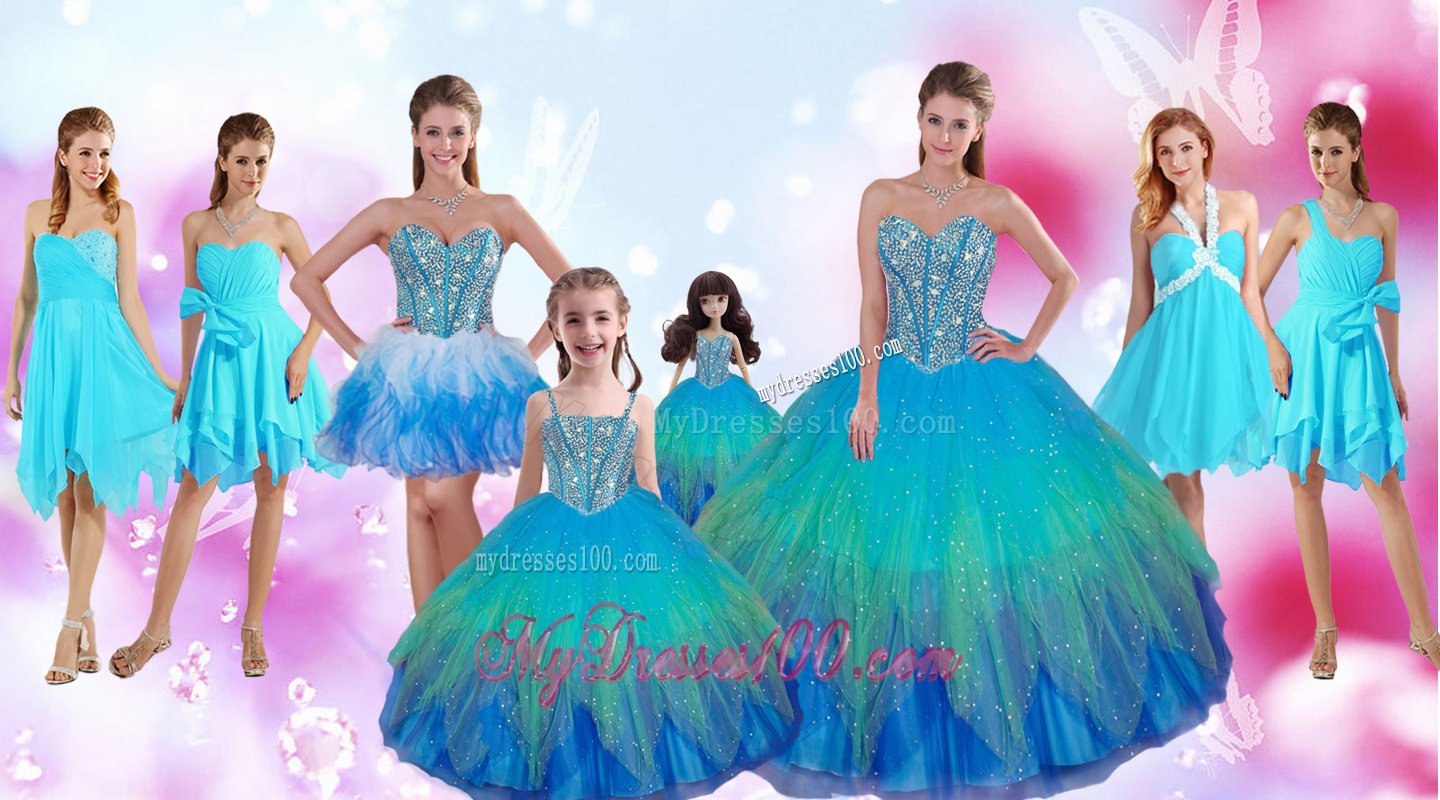 Perfect Beaded Multi Color Quinceanera Dresses and Aqua Blue Dama Dresses and Cute Straps Little Girl Dresses and Sexy Short Evening Dresses