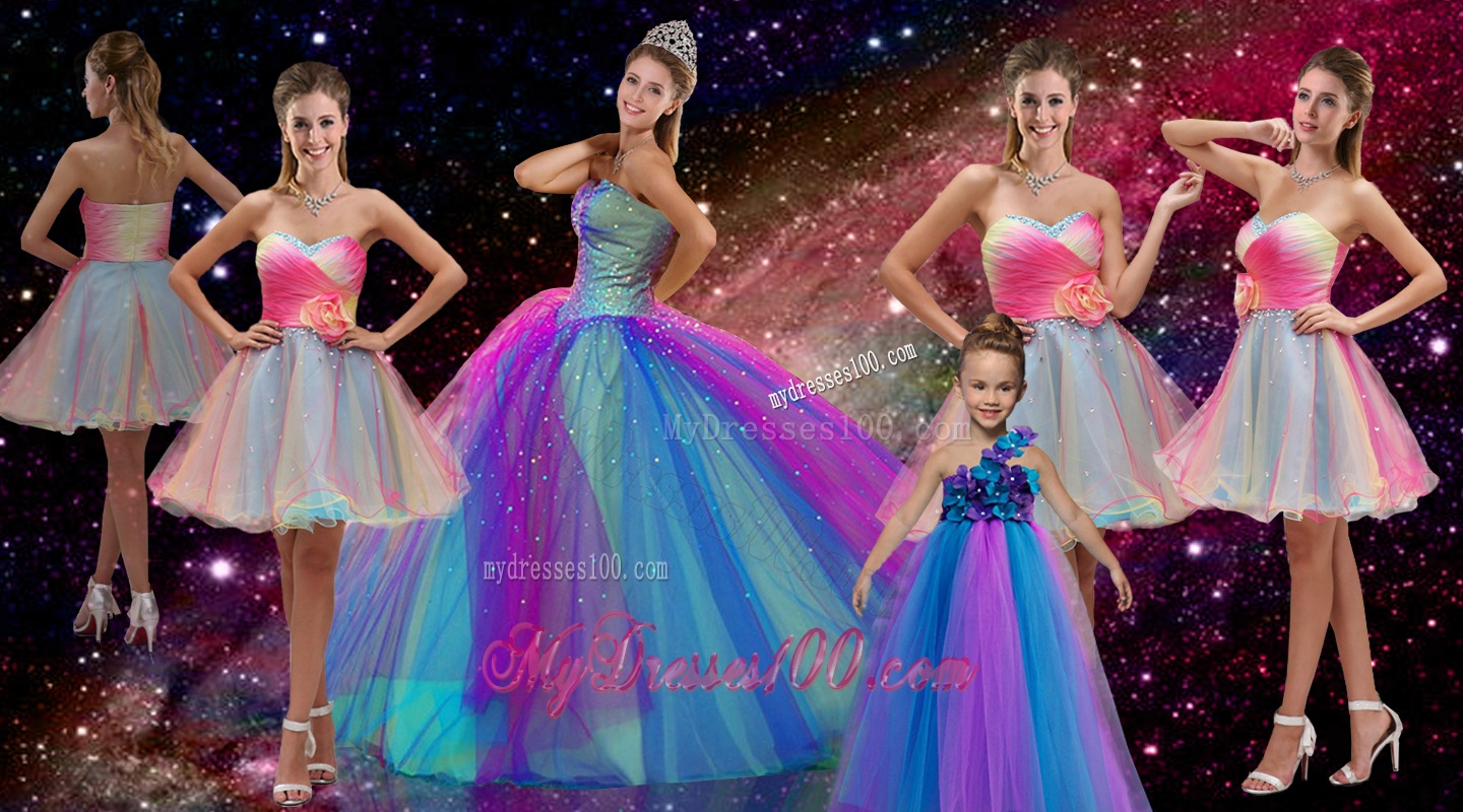 Perfect Beaded Multi Color Quinceanera Dresses and Hand Made Flower Dama Dresses and Cute One Shoulder Little Girl Dresses