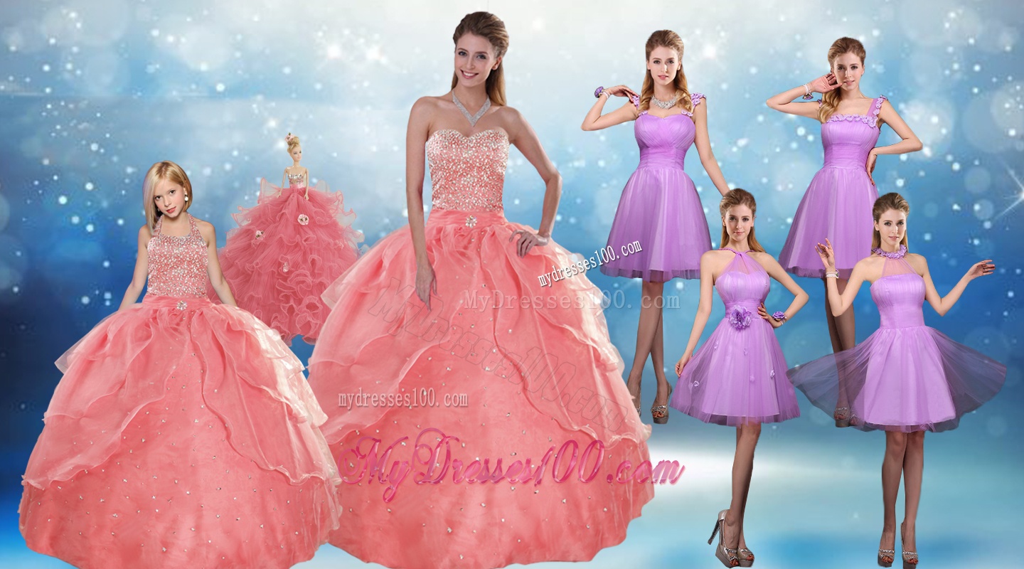 Perfect Beading Floor Length Quinceanera Dress and Short Ruching Evening Dresses and Watermelon Halter Top Little Girl Dress