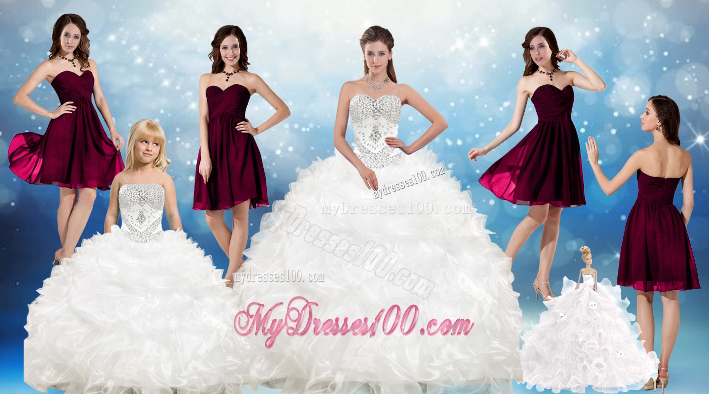 Perfect Beading White Sweetheart Quinceanera Gown and Sweetheart Short Dama Dresses and Beading and Ruffles Flower Girl Dress