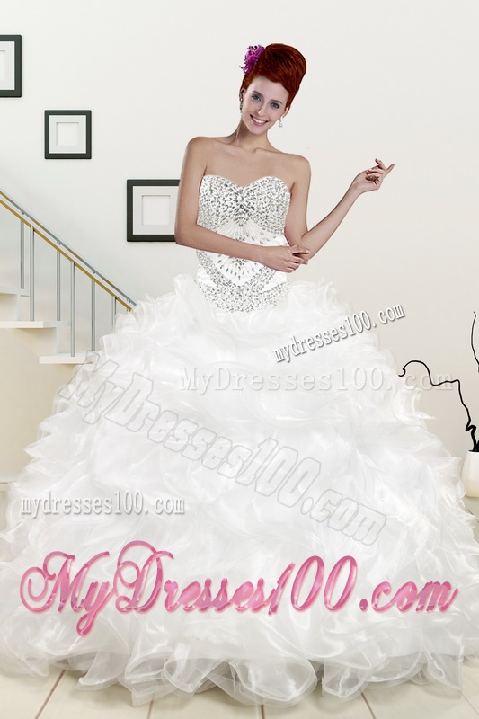 Perfect Beading White Sweetheart Quinceanera Gown and Sweetheart Short Dama Dresses and Beading and Ruffles Flower Girl Dress