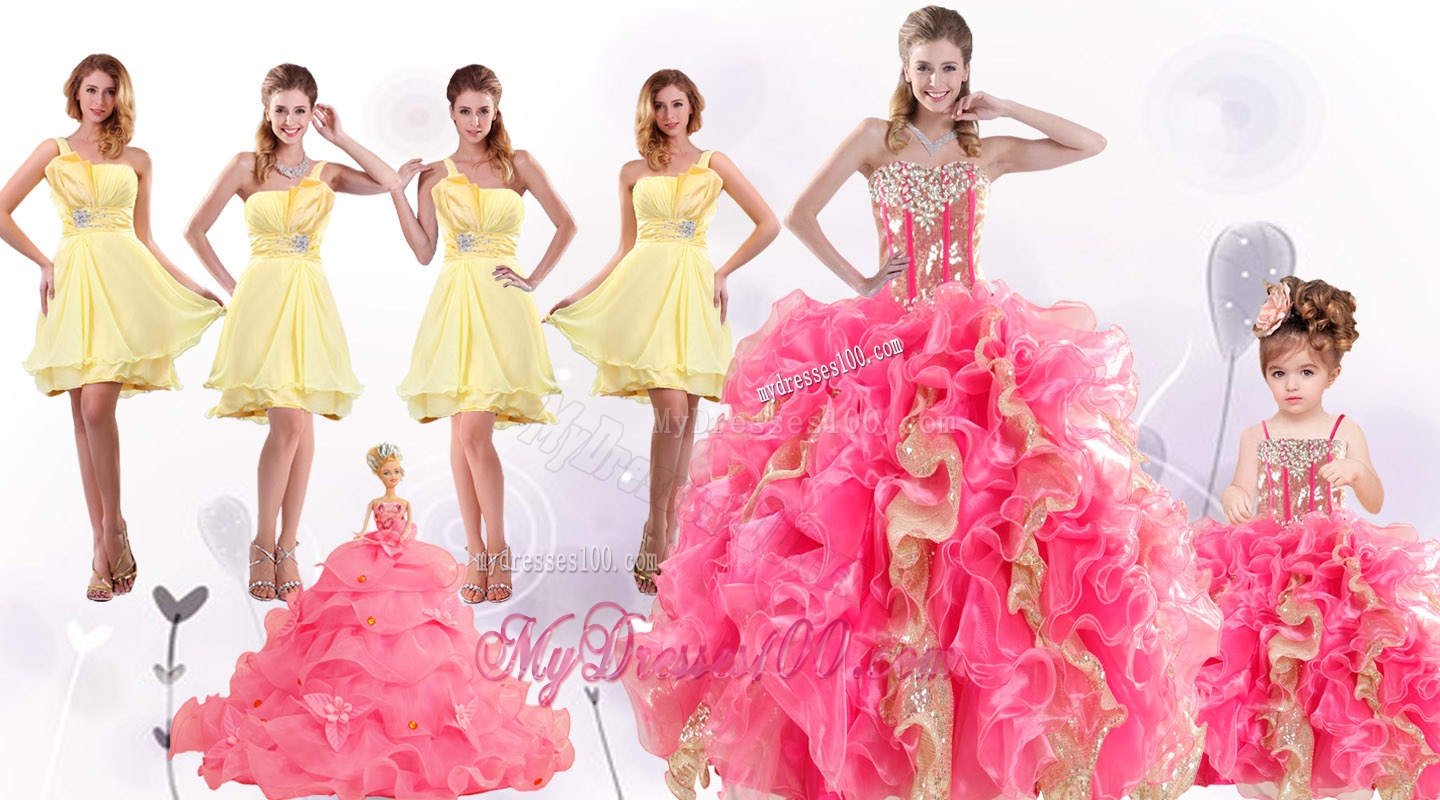 Perfect Beading and Ruffles Quinceanera Dress and Beading Yellow One Shoulder Dama Dresses and Multi Color Ball Gown Pageant Dresses for Little Girl