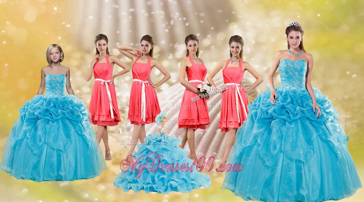 Pick Ups Floor Length Baby Blue Quinceanera Dress and Watermelon Halter Top Sash Dama Dresses and Pretty Ruffles Little Girl Dress