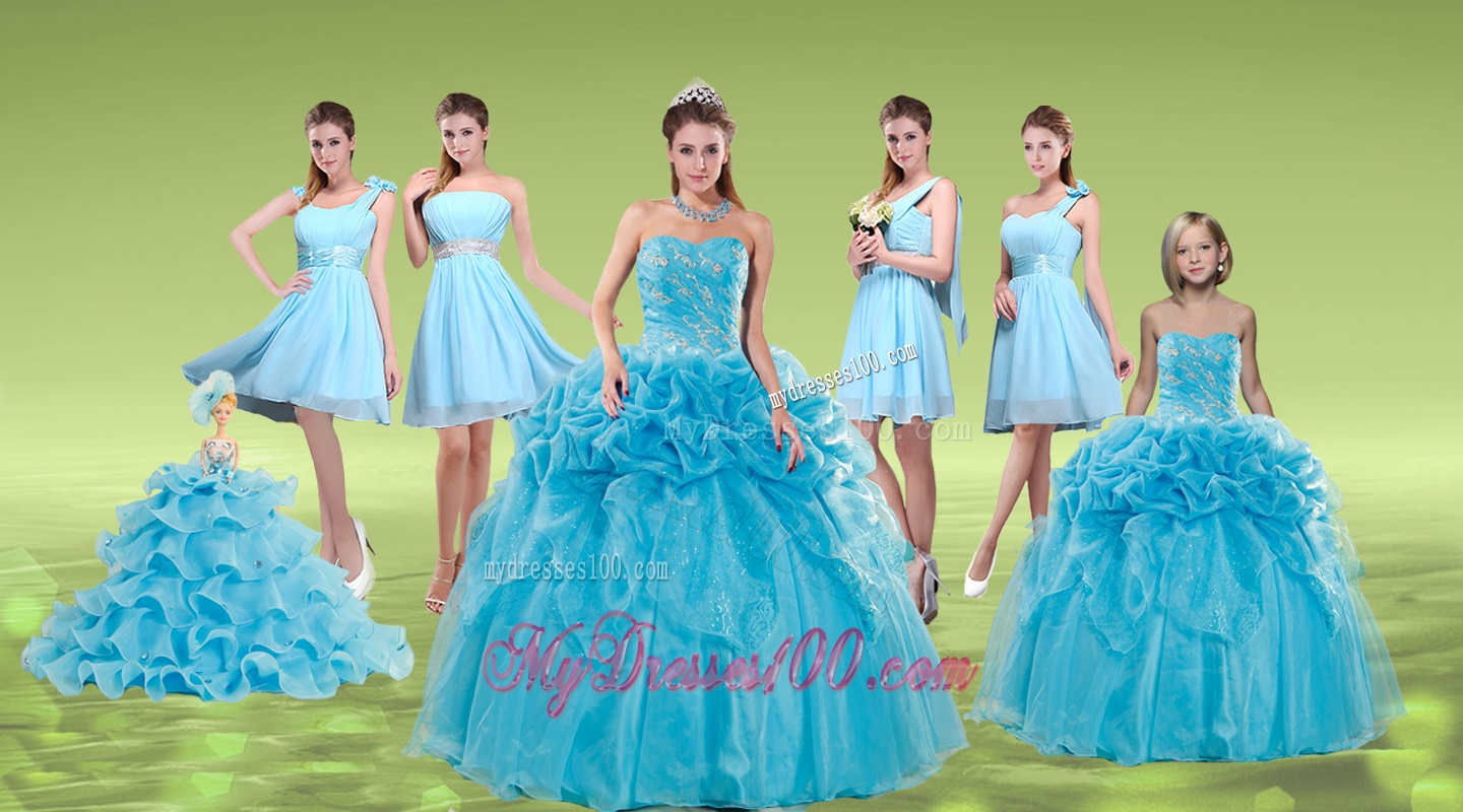 Pick Ups and Embriodery Baby Blue Quinceanera Dress and Ruching Short Dama Dresses and Embroidery Baby Blue Little Girl Dress