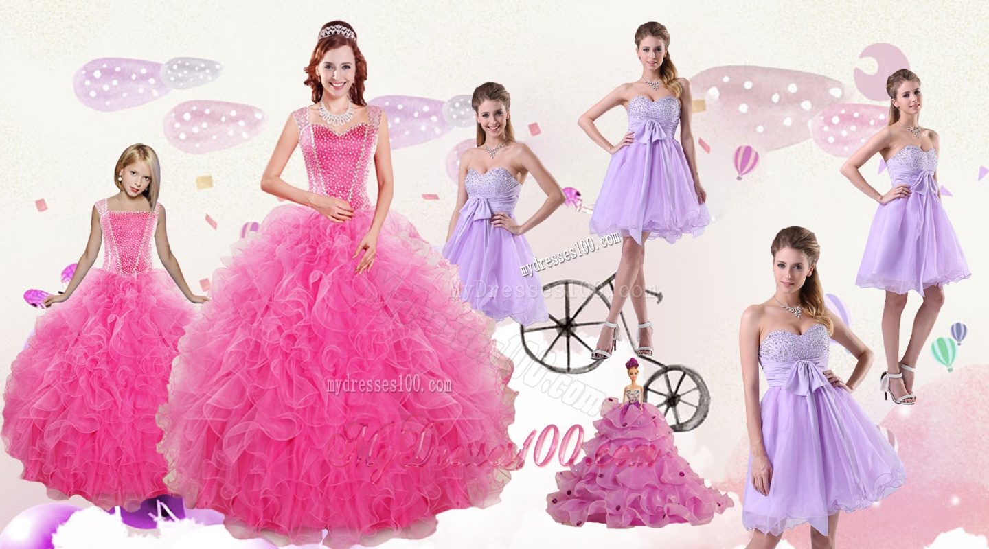 Popular Beading and Ruffles Quinceanera Dress and Bownot and Beading Short Dama Dresses and Pink Floor Length Little Girl Dress