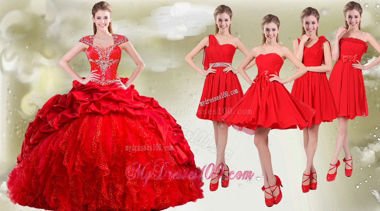 Popular Cap Sleeves Quinceanera Dress and Beautiful Chiffon Short Dama Dresses in Red