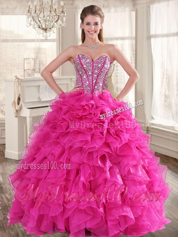 Pretty Hot Pink Beaded and Ruffled Quinceanera Dress and Short Sequined Dama Dresses and Strapless Mini Quinceanera Dress