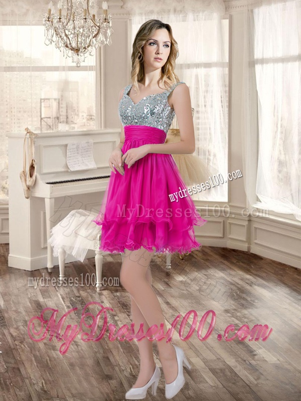 Pretty Hot Pink Beaded and Ruffled Quinceanera Dress and Short Sequined Dama Dresses and Strapless Mini Quinceanera Dress